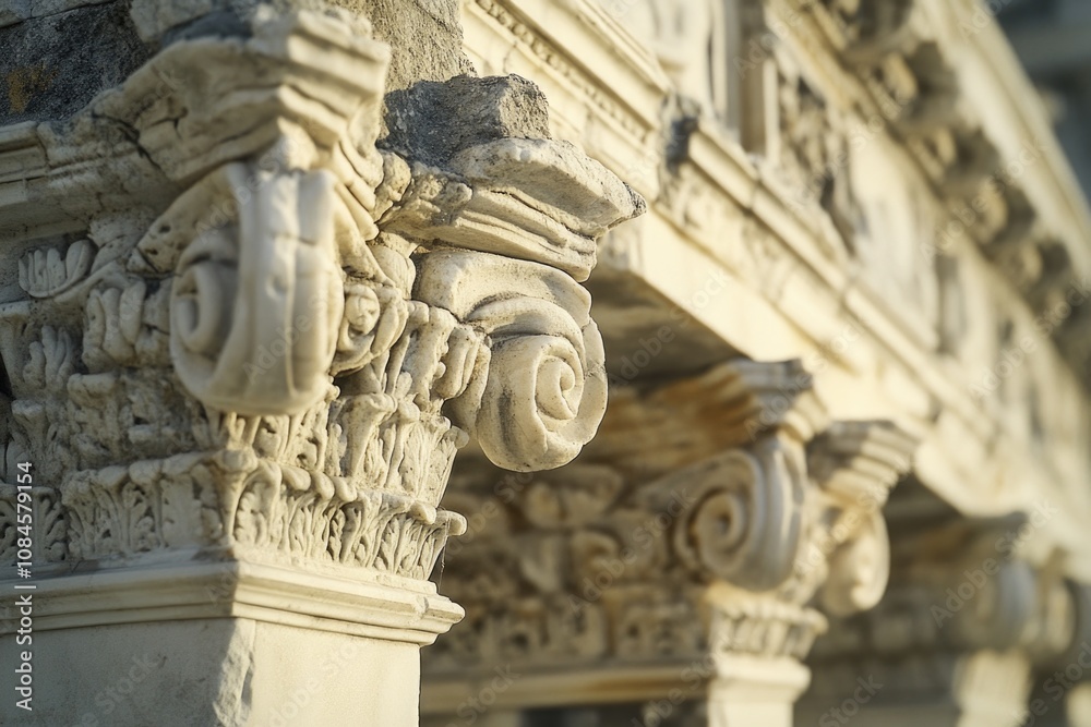Close-up shot of a building's facade featuring ornate columns Close-up shot of a building's facade featuring ornate columns