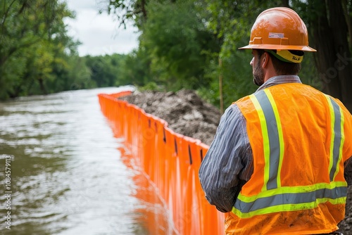 Construction Worker Monitoring Flood Control Measures Along Riverbank with Orange Barriers to Prevent Water Inundation and Protect Surrounding Areas