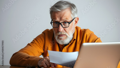 Confused senior male use laptop looking at screen shocked by received message or letter, stunned aged man frustrated by unexpected bad news online, disappointed elderly get negative response in emai photo