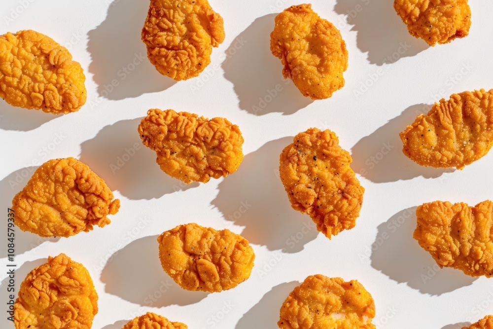 Delicious fried chicken nuggets arranged on a clean white surface, great for food photography or illustrations Delicious fried chicken nuggets arranged on a clean white surface, great for food photography or illustrations