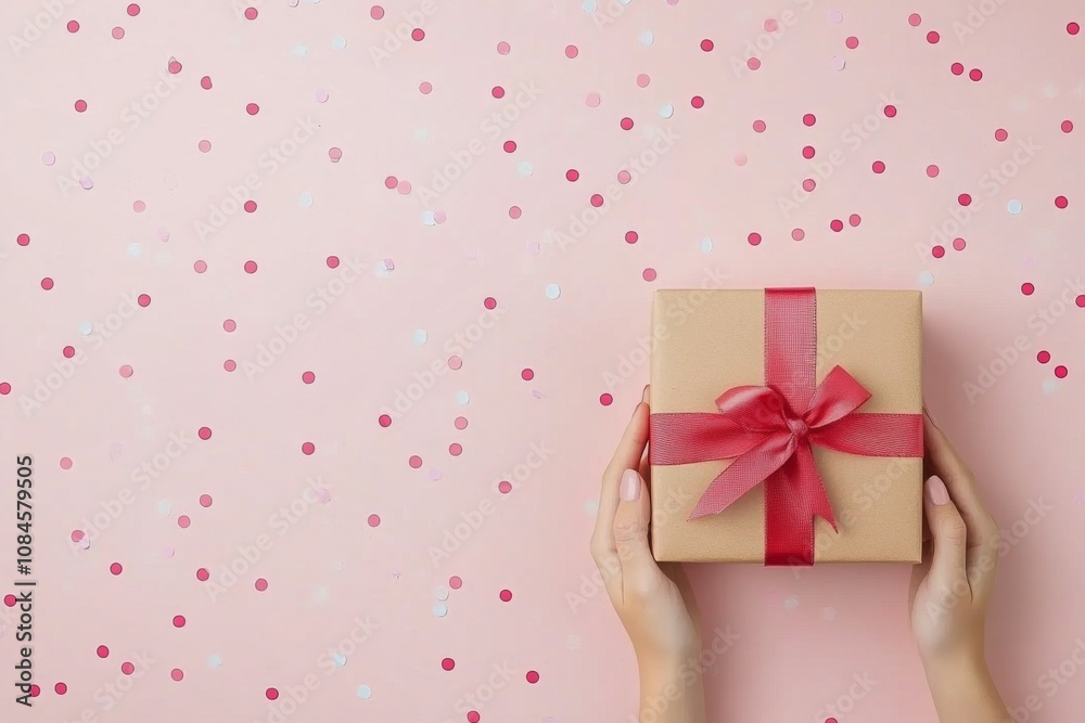 A person holds a beautifully wrapped gift with a red bow over a confetti filled pink background A person holds a beautifully wrapped gift with a red bow over a confetti filled pink background