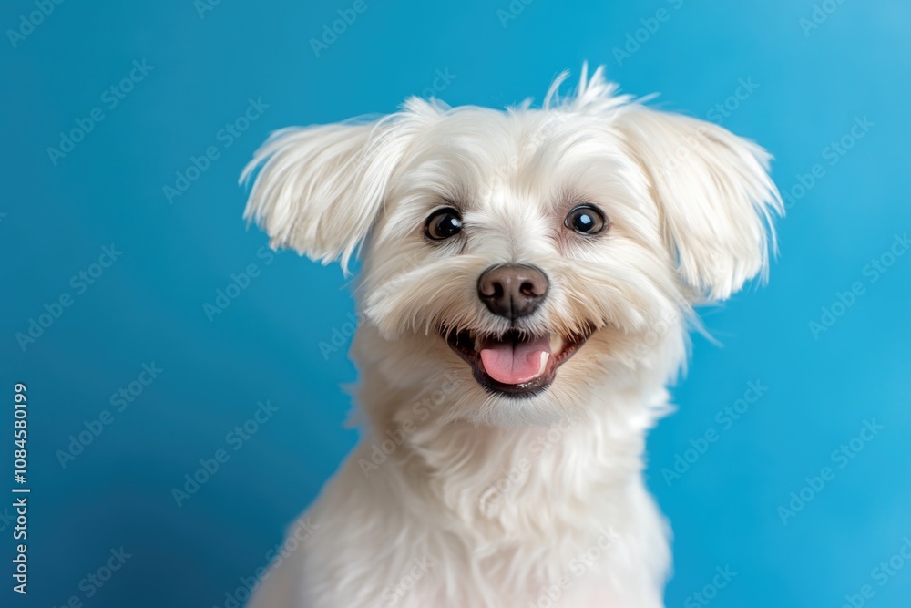 A small white dog sits on top of a blue surface, looking up A small white dog sits on top of a blue surface, looking up