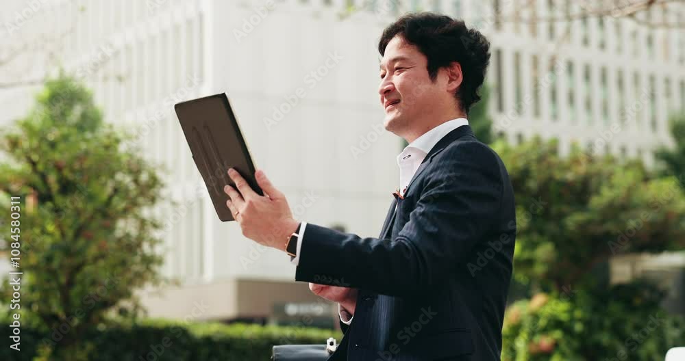 City, video call and business man with tablet, discussion and salaryman on morning commute. Urban, street and Japanese businessman with digital app for communication, networking and online meeting City, video call and business man with tablet, discussion and salaryman on morning commute. Urban, street and Japanese businessman with digital app for communication, networking and online meeting
