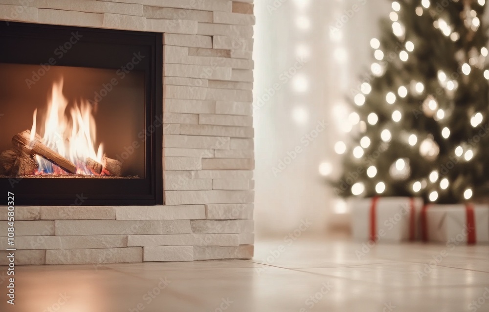 Fototapeta premium Cozy fireplace with a glowing fire beside a decorated Christmas tree and wrapped gifts