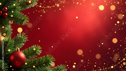 Christmas decorations border with fir branches and golden glitter confetti and sparkles of lights blur bokeh and red background