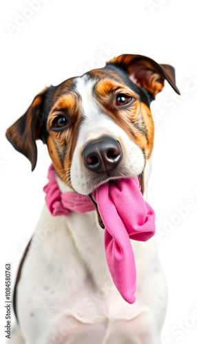 Dog with hair band, scrunchie or underwear in mouth and between teeth. 1 year old harrier mix dog Eating or chewing pink clothing article. Dog bad habit of eating non-food or pica. Selective focus i