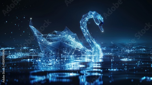 Fototapeta Naklejka Na Ścianę i Meble -  A digital rendering of a swan made of glowing lines, floating on a dark blue water surface.