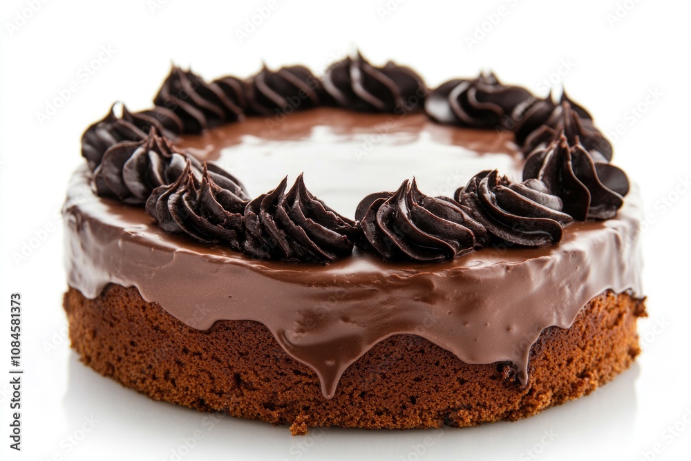 A delicious-looking chocolate cake with rich chocolate frosting on a white surface A delicious-looking chocolate cake with rich chocolate frosting on a white surface