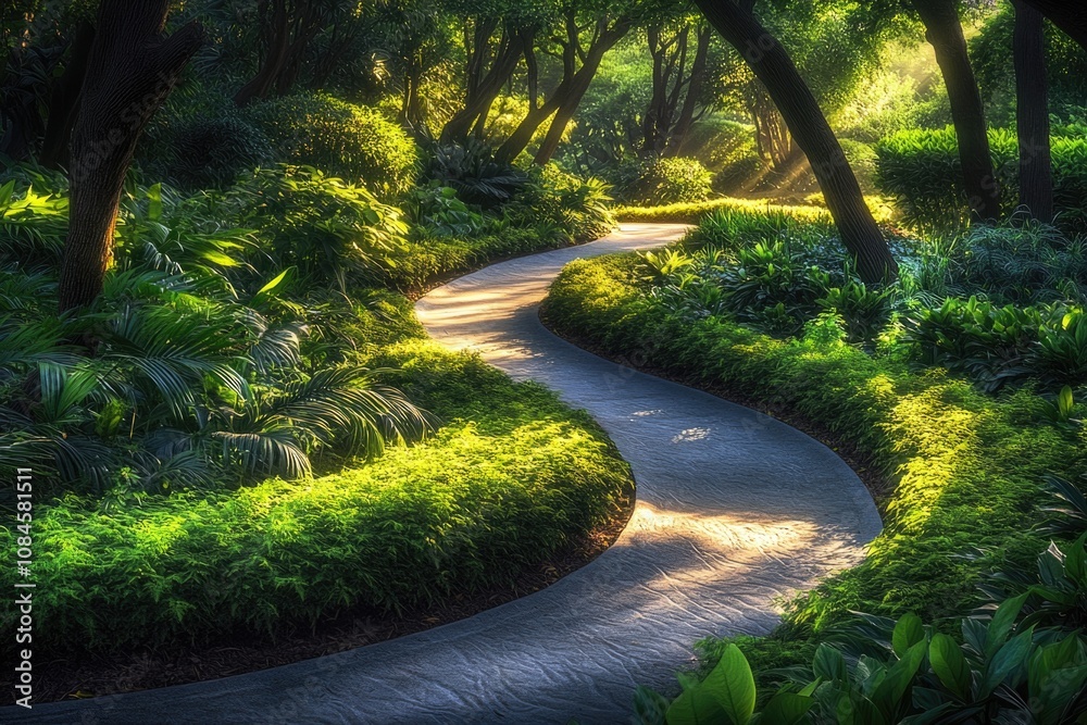 Lush green forest pathway surrounded by trees and foliage Lush green forest pathway surrounded by trees and foliage