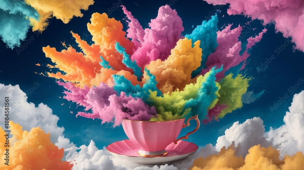 Fototapeta premium Colorful Explosion of Cotton Candy Clouds Rising from Pink Teacup on Blue Background