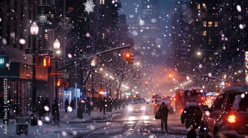 Enchanted Urban Nightscape with Snowflakes Illuminated by City Lights and Car Headlights Enchanted Urban Nightscape with Snowflakes Illuminated by City Lights and Car Headlights