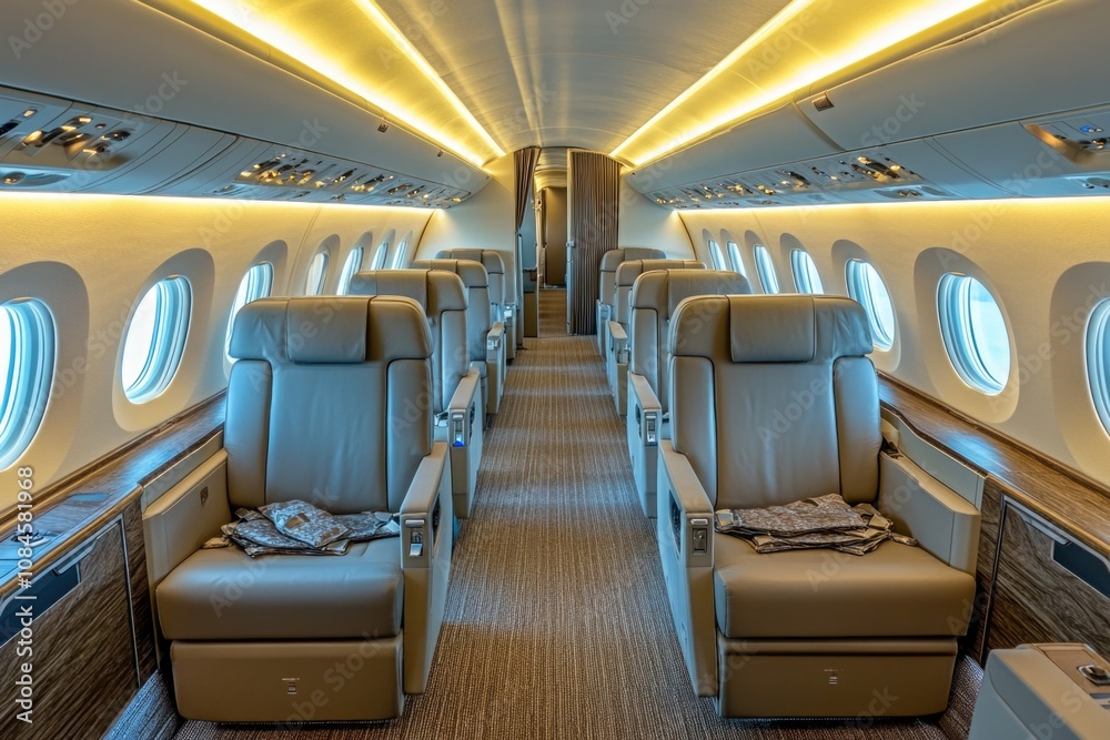 Fototapeta premium Inside a commercial airliner with two rows of seats and overhead compartments