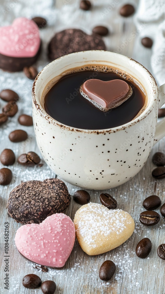 Warm cup of coffee served with heart shaped chocolate on a gray surface with coffee beans Warm cup of coffee served with heart shaped chocolate on a gray surface with coffee beans