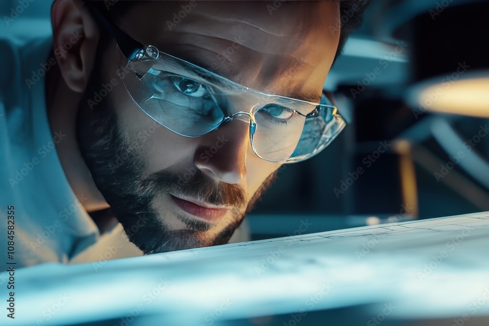 Close-Up of a Focused Male Engineer Analyzing Technical Drawings with Precision Glasses in a Dimly Lit Workspace, Capturing the Essence of Innovative Design and Attention to Detail Close-Up of a Focused Male Engineer Analyzing Technical Drawings with Precision Glasses in a Dimly Lit Workspace, Capturing the Essence of Innovative Design and Attention to Detail