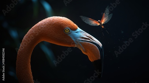 Close-up of a flamingo's head and neck, with a dragonfly in flight nearby. The dark background highlights the bird's vibrant colors.