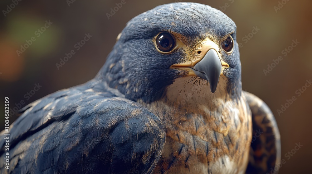 Fototapeta premium Close-up portrait of a falcon, showcasing its intense gaze and intricate plumage. The bird's dark blue and brown feathers are beautifully detailed against a blurred background.