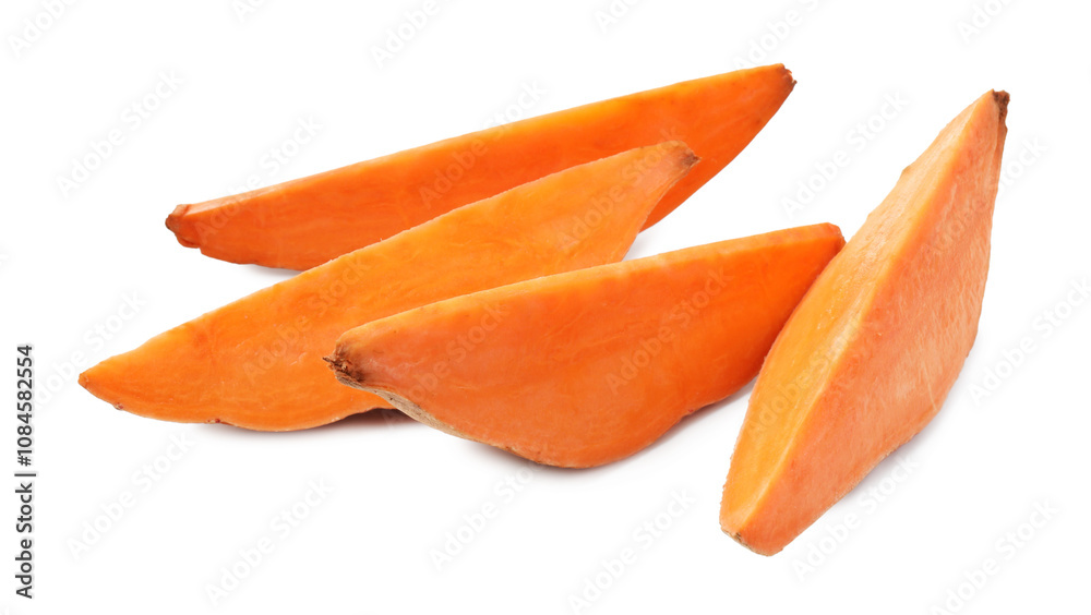 Pieces of raw sweet potato isolated on white Pieces of raw sweet potato isolated on white