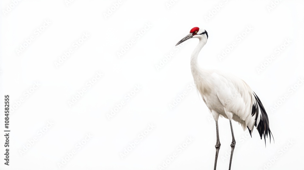 Elegant white crane with a vibrant red cap, standing against a stark white background. A beautiful contrast of colors and textures. Elegant white crane with a vibrant red cap, standing against a stark white background. A beautiful contrast of colors and textures.