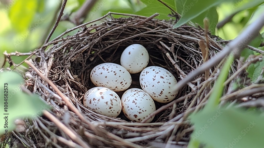 Five speckled bird eggs nestled in a twig nest.