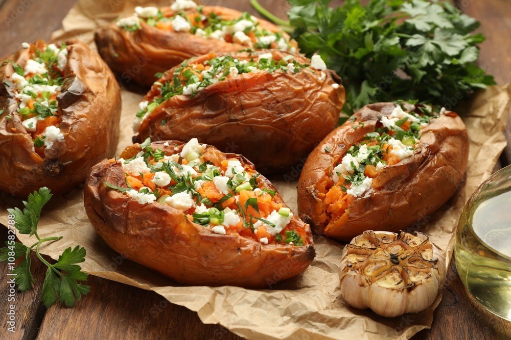 Tasty cooked sweet potatoes with feta cheese, green onion and parsley on wooden table, closeup Tasty cooked sweet potatoes with feta cheese, green onion and parsley on wooden table, closeup