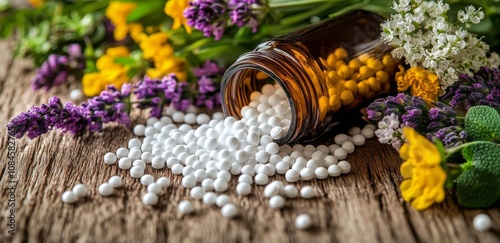 Herbal remedies displayed with homeopathic pellets and fresh flowers on wooden table