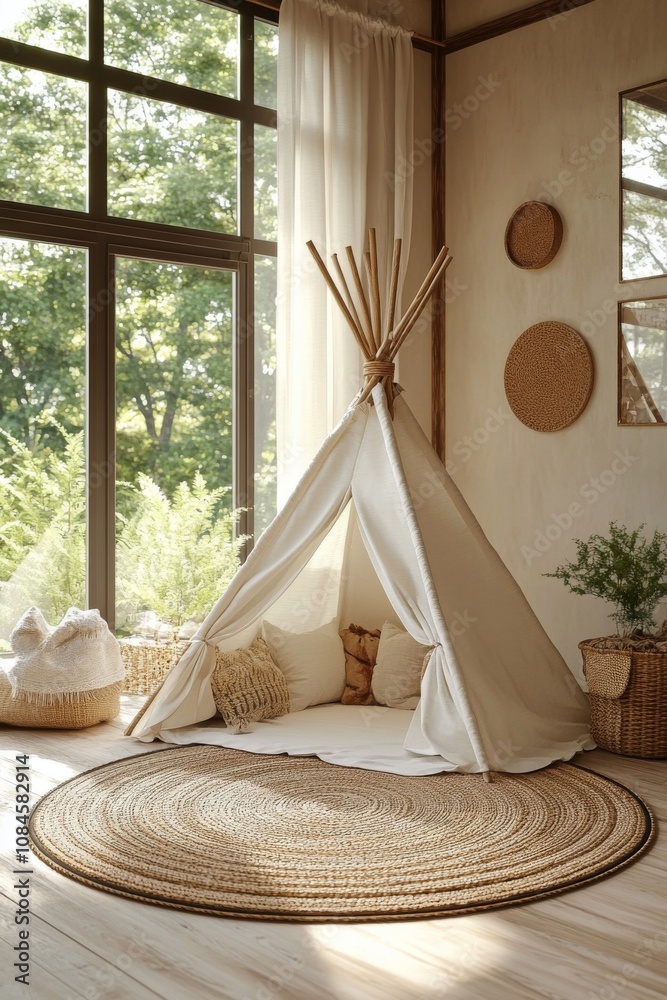 Cozy childrens play area featuring a teepee and soft decor in a sunlit room Cozy childrens play area featuring a teepee and soft decor in a sunlit room