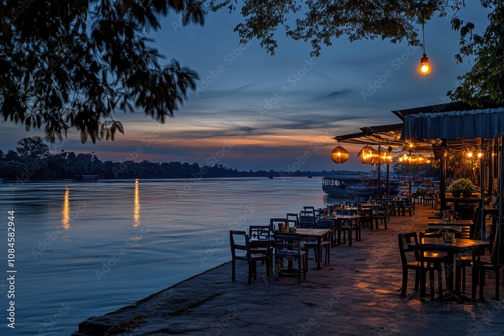 Obraz premium A tranquil river scene with outdoor seating area featuring tables and chairs