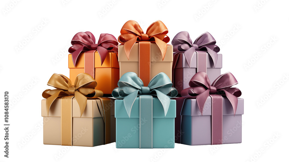 Multicolored gift boxes stacked with care, tied with ribbons and bows, exuding joy and celebration, isolated on transparent background. Multicolored gift boxes stacked with care, tied with ribbons and bows, exuding joy and celebration, isolated on transparent background.