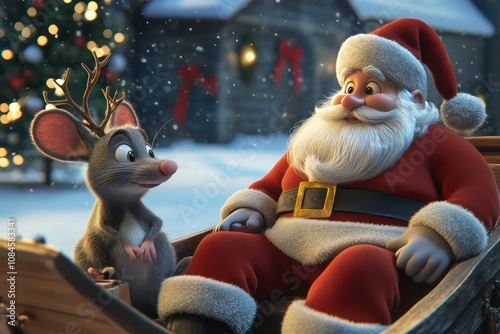 3d cartoon Santa sitting in his sleigh with his reindeer, and a grey mouse dressed up in Santa suit is sitting next to Santa suit photo