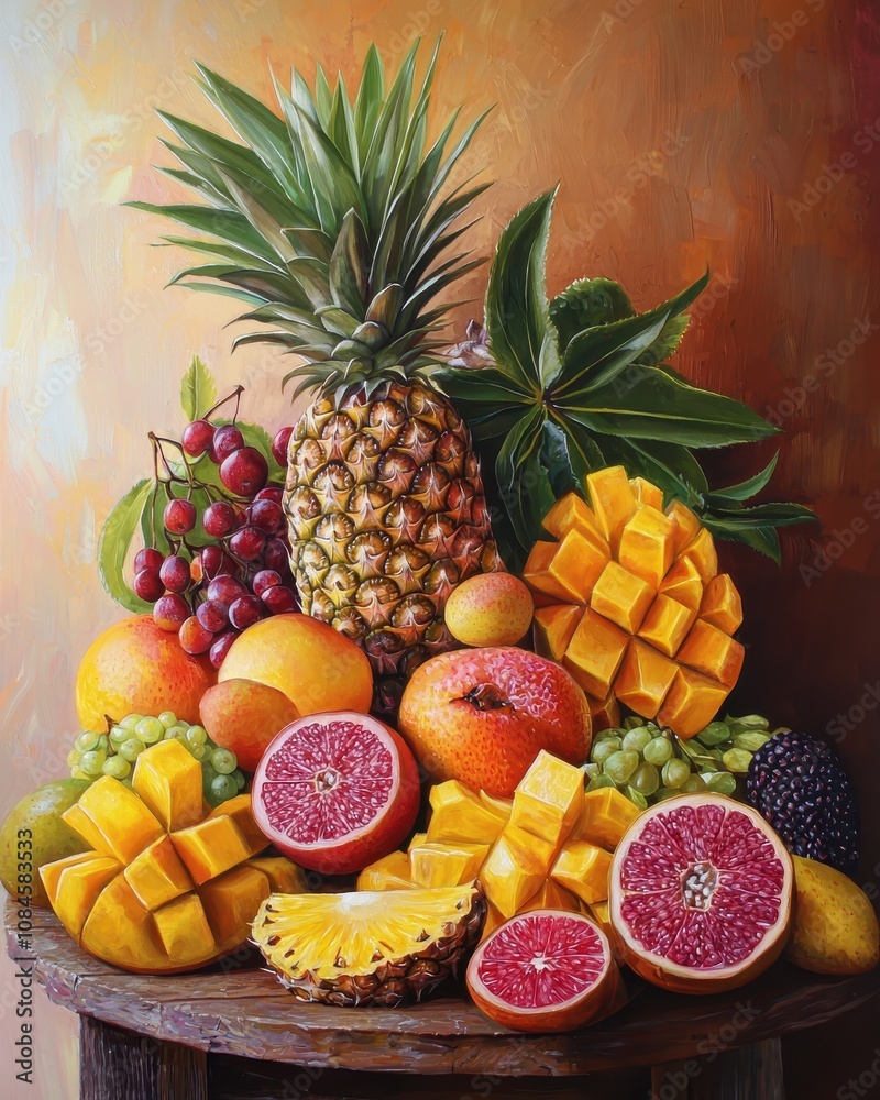 A Vibrant Still Life Display of Fresh Tropical Fruits Including Pineapple, Mango, Grapes, Pomegranate and More on a Rustic Wooden Table Against a Warm Background A Vibrant Still Life Display of Fresh Tropical Fruits Including Pineapple, Mango, Grapes, Pomegranate and More on a Rustic Wooden Table Against a Warm Background
