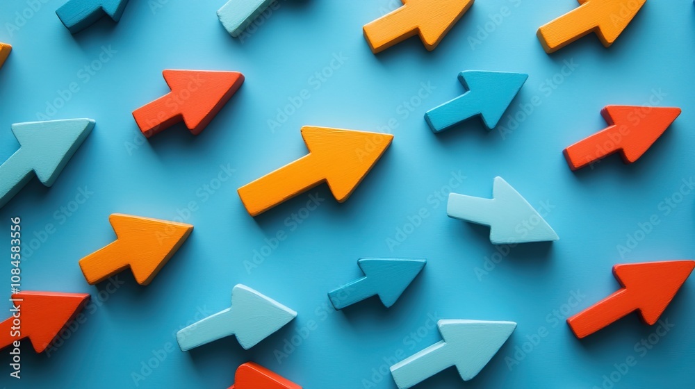 Colorful arrows pointing in different directions on a blue background Colorful arrows pointing in different directions on a blue background