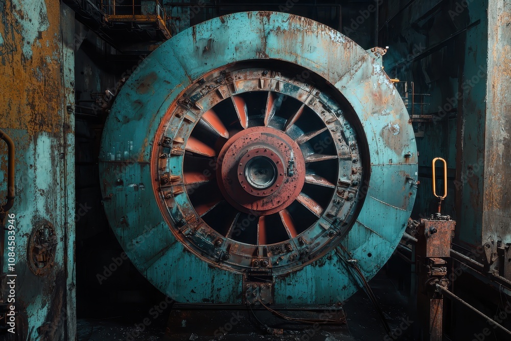 A Close-Up View of an Industrial Turbine with Rusty, Patina-Coated Surface in an Abandoned Power Facility Highlighting Vintage Engineering and Massive Mechanical Design Features A Close-Up View of an Industrial Turbine with Rusty, Patina-Coated Surface in an Abandoned Power Facility Highlighting Vintage Engineering and Massive Mechanical Design Features