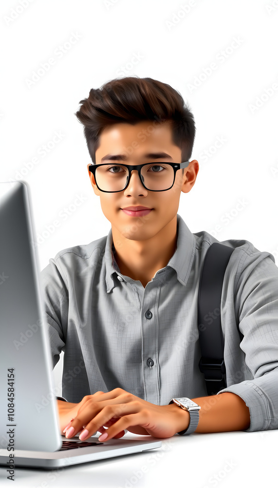 Young student man using computer with a confident expression on smart face thinking serious isolated with white highlights, png Young student man using computer with a confident expression on smart face thinking serious isolated with white highlights, png