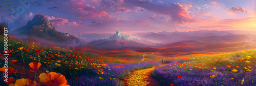 Enchanting Panoramic View of the Vibrant Landscape of Oz with the Emerald City and Yellow Brick Road