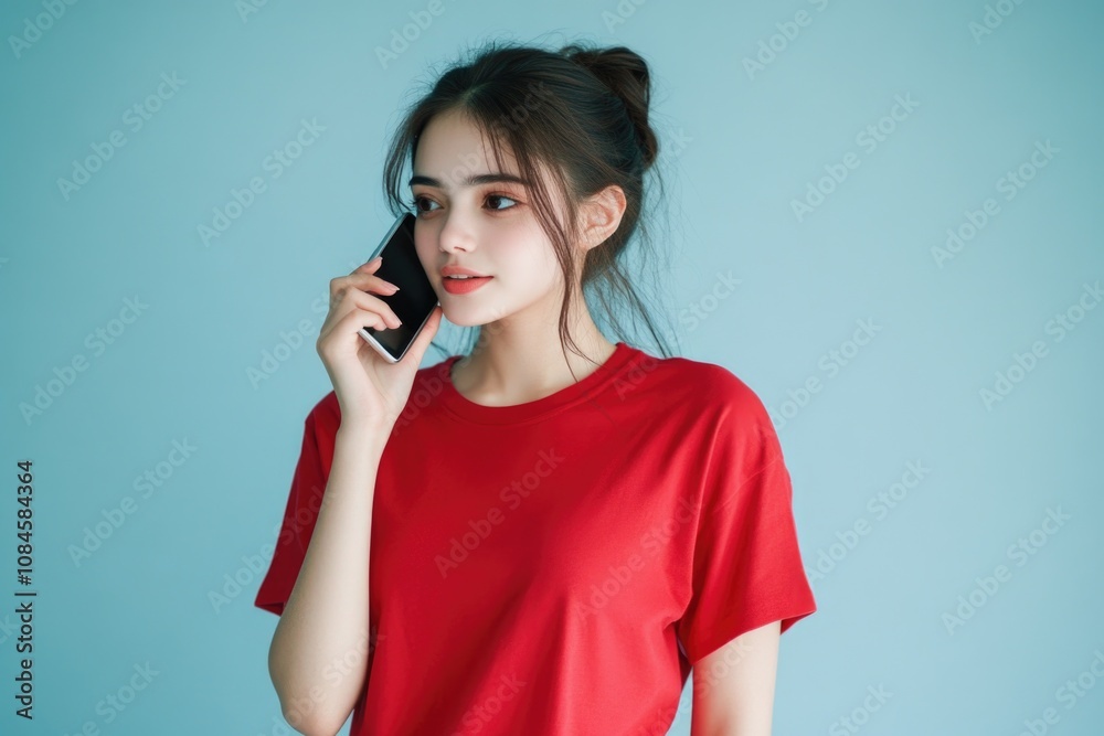 A woman stands outdoors wearing a red shirt and holding a cell phone while speaking on it A woman stands outdoors wearing a red shirt and holding a cell phone while speaking on it