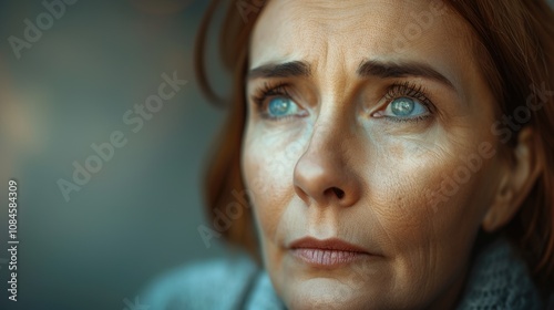 A close-up shot of a woman's face, highlighting her striking blue eyes