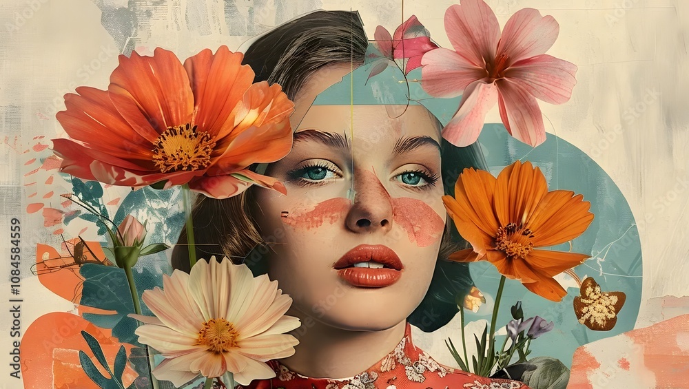 Contemporary Abstract Woman Line Art Poster Featuring a Collage Portrait of a Young Woman Surrounded by Flowers in Retro Color Palette