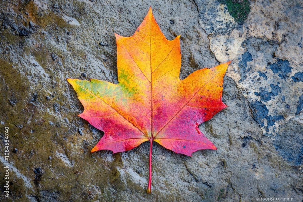 A single orange and yellow leaf lying on a rocky surface A single orange and yellow leaf lying on a rocky surface