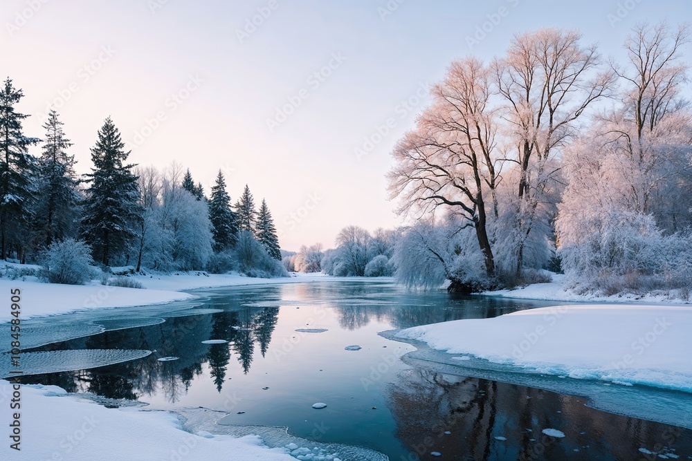 Stunning Winter Nature Scene with Frosty Trees and Ice Stunning Winter Nature Scene with Frosty Trees and Ice