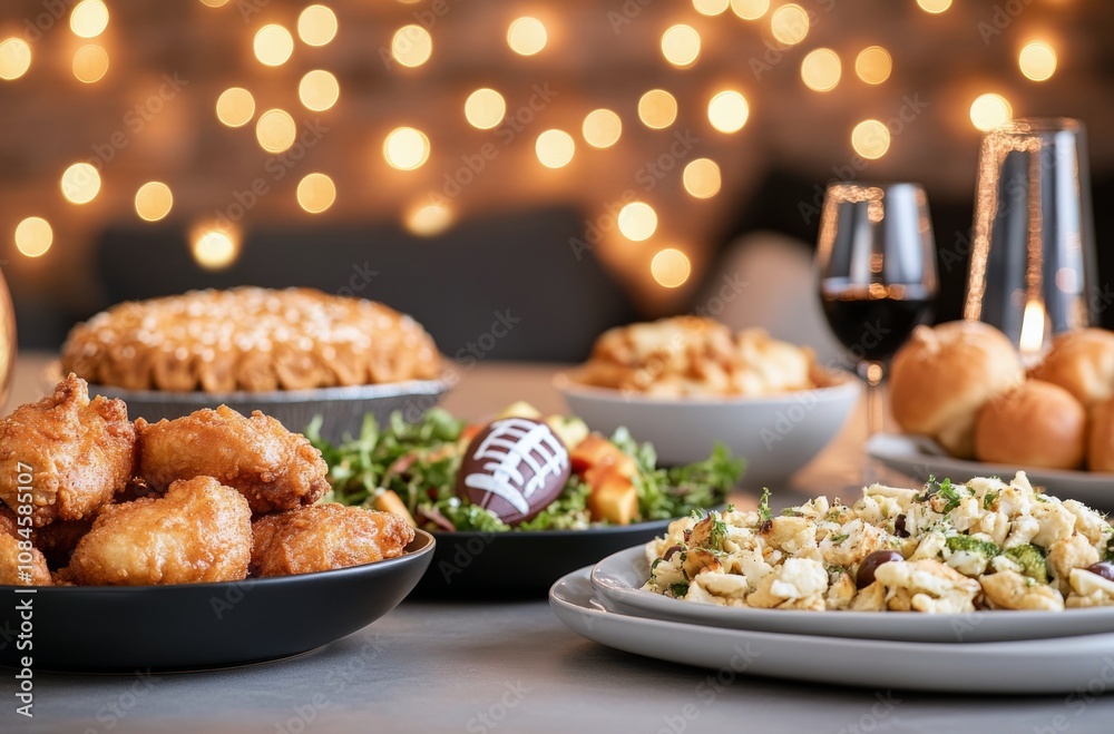 A festive table of tasty dishes and white wine for a cozy gathering A festive table of tasty dishes and white wine for a cozy gathering
