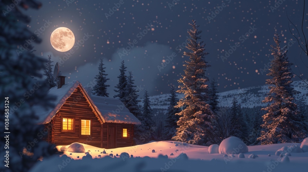Fototapeta premium Cozy cabin surrounded by snow, with a full moon shining brightly in the background