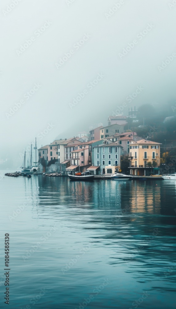 Fototapeta premium Serene Coastal Town in Morning Fog with Boats and Buildings for Atmospheric Decor or Print