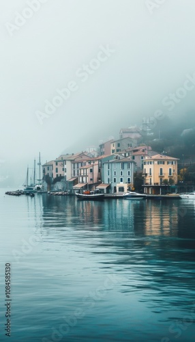 Serene Coastal Town in Morning Fog with Boats and Buildings for Atmospheric Decor or Print