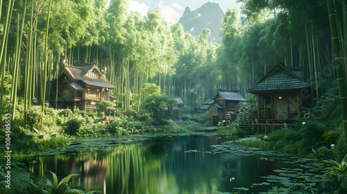 A Picturesque Bamboo Forest with Traditional Homes and a Tranquil Pond Surrounded by Lush Greenery and Vibrant Flora