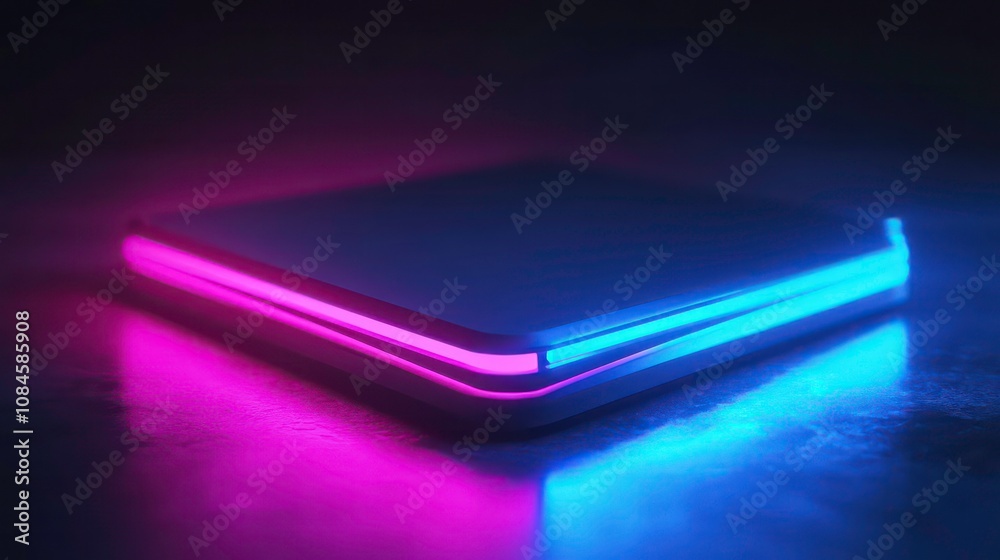 Closeup view of a modern wireless router device with futuristic neon blue and pink lighting showcasing the dynamic and conceptual nature of digital connectivity and communication technology Closeup view of a modern wireless router device with futuristic neon blue and pink lighting showcasing the dynamic and conceptual nature of digital connectivity and communication technology
