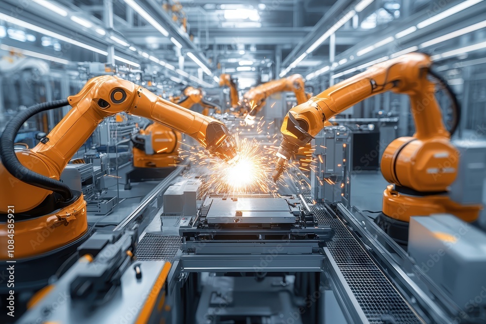 Advanced Robotic System in Industrial Manufacturing Setting with Sparks, Automation Technology Revolutionizing Production Processes in Modern Factories Advanced Robotic System in Industrial Manufacturing Setting with Sparks, Automation Technology Revolutionizing Production Processes in Modern Factories