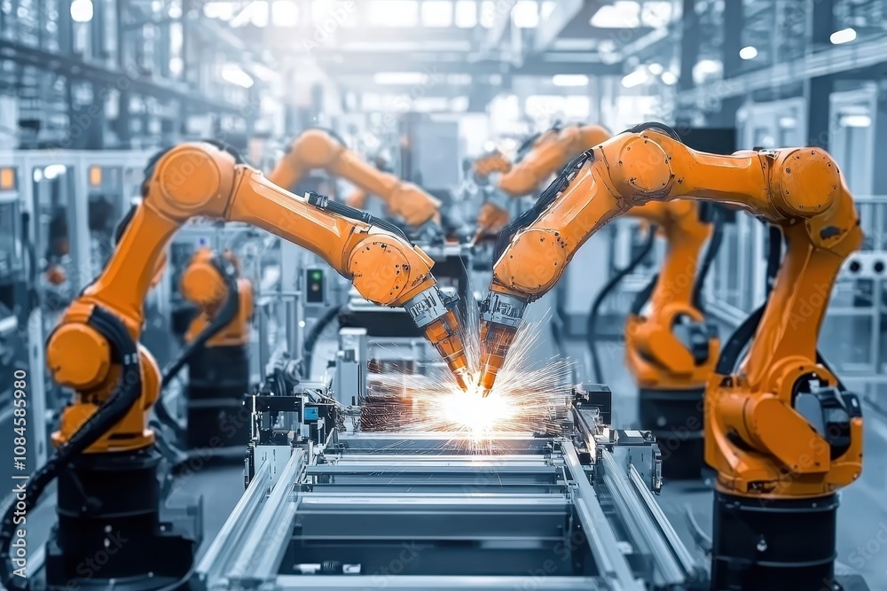 Advanced Industrial Automation with Robotic Arms Performing Precision Welding in a Modern Manufacturing Facility Advanced Industrial Automation with Robotic Arms Performing Precision Welding in a Modern Manufacturing Facility