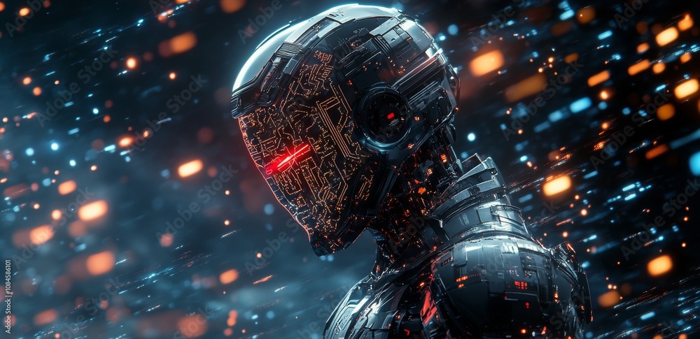 Futuristic robotic figure with glowing red eye amidst a starry cosmic background Futuristic robotic figure with glowing red eye amidst a starry cosmic background