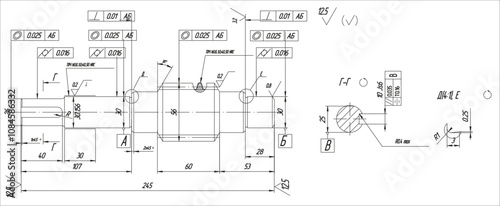 Assembly drawing of worm shaft of electrical reducer.
Vector design of steel mechanical device with dimension lines.
Engineering technic cad scheme on white
paper sheet. Hand drawn machine part sketch