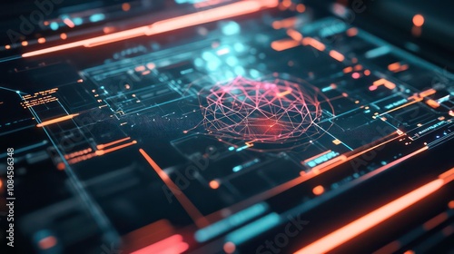 Closeup view of a futuristic transparent smart glass interface device displaying glowing data and wireframe polygon network This high tech concept represents the future of computing virtual reality